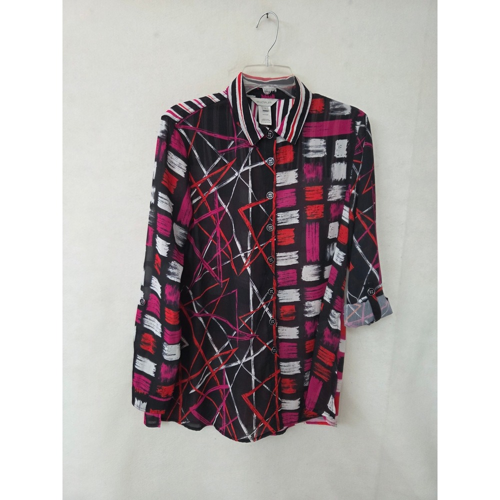 Multiples Womens Small Pink Black Geometric Mixed Print Roll Tab Button Up Tunic